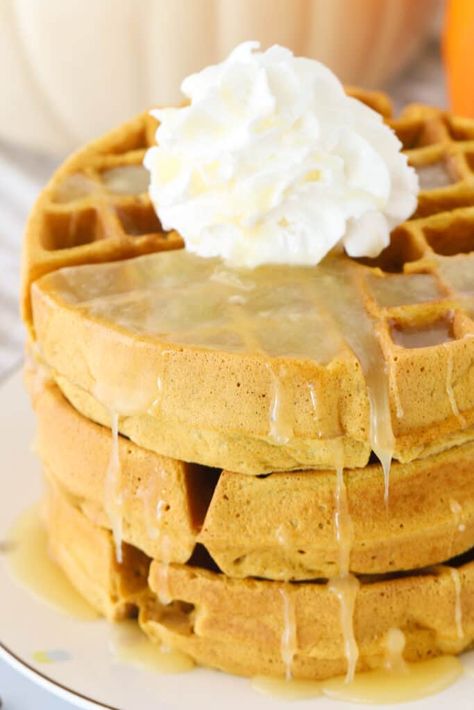 These light and fluffy Pumpkin Waffles are made with real pumpkin puree and lightly spiced with warm baking spices. Served with butter, maple syrup and your favorite toppings, they make the perfect sweet fall breakfast. #thecarefreekitchen #breakfast #pumpkin #waffles #fall #pumpkinspice Pumpkin Waffle Recipe, Real Pumpkin Puree, Pumpkin Waffles Recipe, Baking Spices, Waffles Recipe, Pumpkin Waffles, Waffle Recipe, Malted Milk, Fall Breakfast