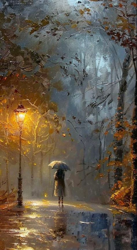 Calm Paintings, Rain Painting, Soyut Sanat Tabloları, Walking In The Rain, Landscape Art Painting, Autumn Scenery, Autumn Painting, Sunset Painting, Romantic Art