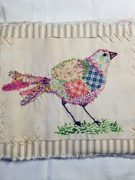 A slow stitched bird created from a vintage quilt block. The piece is a page from a fabric journal. Slow Embroidery, Slow Stitch Birds, Slow Stiching Projects Ideas, Slow Stitching Projects, Slow Stitching Ideas, Bird Quilt Blocks, Embroidered Bird, Scrap Fabric Crafts, Textile Art Embroidery