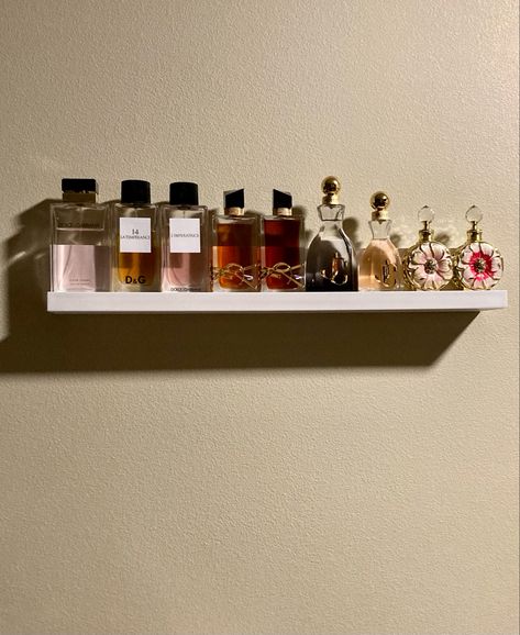 Display shelf for perfume/fragrances Perfume Floating Shelves, Floating Perfume Shelf, Shelves For Perfumes, Wall Perfume Display, Perfume Display Ideas Shelving, Floating Shelves Perfume, Perfume Shelf Ideas Wall Shelves, Perfume Collection Display Shelves, Perfume Organization Shelf