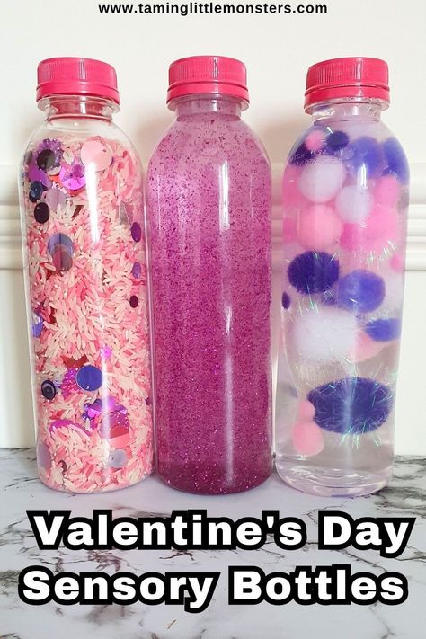 6 DIY Valentine's Day Sensory Bottles for Kids. Valentine themed sensory activities that even babies and toddlers can enjoy. #valentines #sensory #baby #toddler #preschool Valentine Sensory, Calm Down Jar, Cadeau St Valentin, Discovery Bottles, Sensory Bottle, Preschool Valentines, Valentine Activities, Sensory Bottles, Valentine Theme