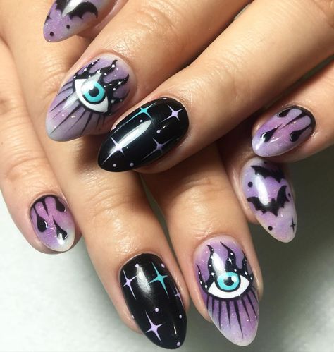 These nails are so incredible🔥💜 📷 la.nyno #witch #witchesofinstagram #witchcraft #pagan #halloween #magic #wicca #witchy #witchyvibes #tarot #goth #witches #art #magick #gothic #witchythings #love #occult #wiccan #crystals #pagansofinstagram #nature Psychic Nail Art, Witchy Square Nails, Bright Witchy Nails, Planchette Nail Art, Wiccan Nail Art, Green Witch Nails Designs, Spring Witchy Nails, Witchy Nails Short Square, Witchcraft Nails Art