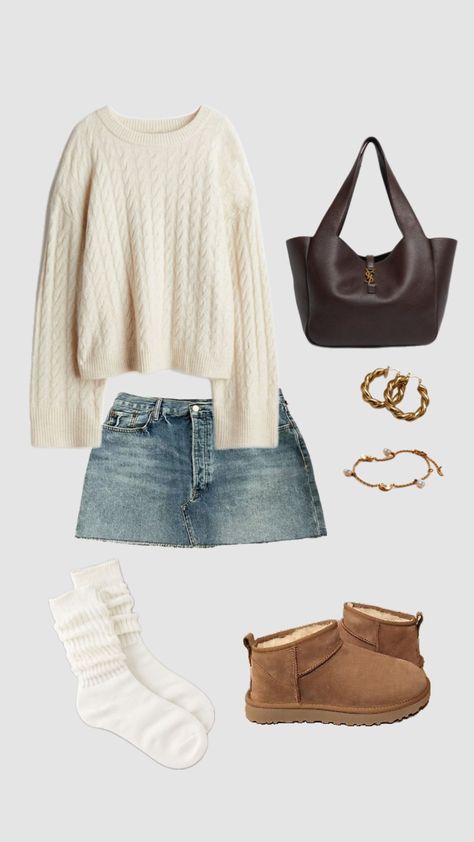 #fall #autumn #outfit #outfitinspo #sweater #miniuggs #jeanskirt #like #comment #follow Jean Skirt And Uggs Outfit, Boston City Outfits, Fall Outfits White Background, Mini Boot Uggs Outfit, Outfits With Tazz Uggs, Platform Ultra Mini Uggs Outfit, Italy In November Outfits, Cute Simple Fall Outfits, Outfit Layout Fall