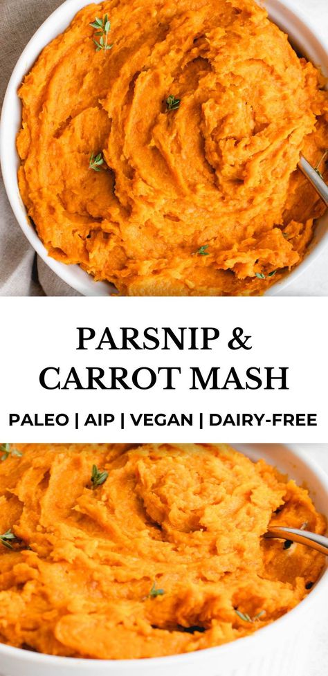 Nightshade free, vegan and paleo, this roasted AIP Parsnip and Carrot mash is the perfect side dish for everything from quick weeknight meals to hearty holiday dinners. #healmedelicious #aip #aiprecipes #paleo #paleorecipes #vegan #veganrecipes #autoimmunedisease #aipdiet #autoimmunepaleo #aipprotocol #dinnerideas #aipmash #vegetablemash #dairyfree #glutenfree #holidayrecipes #rootvegetables #rootvegetablemash #carrotparsnipmash #roastedparsnips #sidedishes #holidaysides #aipsidedishes Aip Parsnip Recipes, Aip Sides, Carrot Mash, Aip Protocol, Aip Dinner, Paleo Holiday Recipes, Mashed Parsnips, Parsnip Recipes, Parsnip Fries