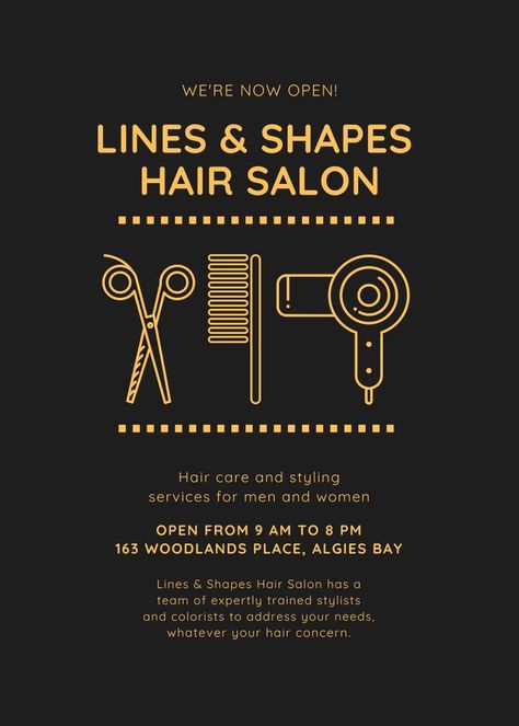 Black and Yellow Icons Headline Salon Opening Flyer Salon Advertising Ideas Flyers, Black And Yellow Icons, Salon Advertising Ideas, Barber Decor, Hair Poster Design, Barber Design, Salon Openings, Social Media Images Design, Dental Advertising