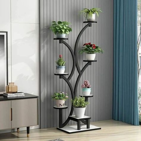 Inside Plants Decor, Plant Stand Decor, Living Room Plants Decor, Steel Bed Design, Vertikal Garden, Home Flower Decor, Plant Rack, Floating Shelf Decor, Iron Plant Stand