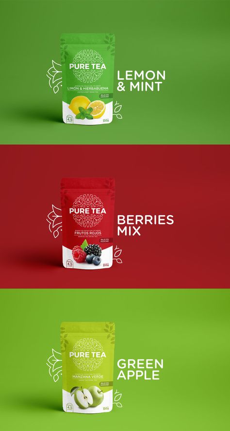 Tea Brand Packaging Design, Clean Package Design, Tea Product Design, Fruits Design Ideas, Tea Design Package, Tea Packaging Ideas, Food Packaging Design Inspiration, Product Branding Design, Tea Package Design