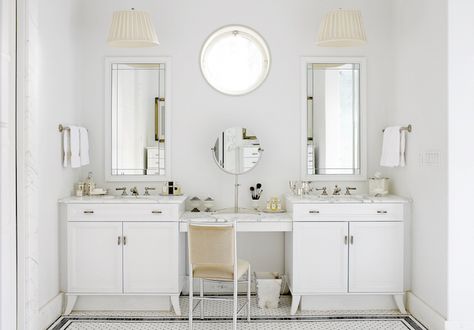 Separate Bathroom Vanities 2 Vanity Bathroom Ideas, Bathroom Vanity Accessories, Unique Bathroom Vanity, White Bathroom Designs, Timeless Bathroom, Cottage Bathroom, Transitional Bathroom, Herringbone Floor, White Marble Countertops