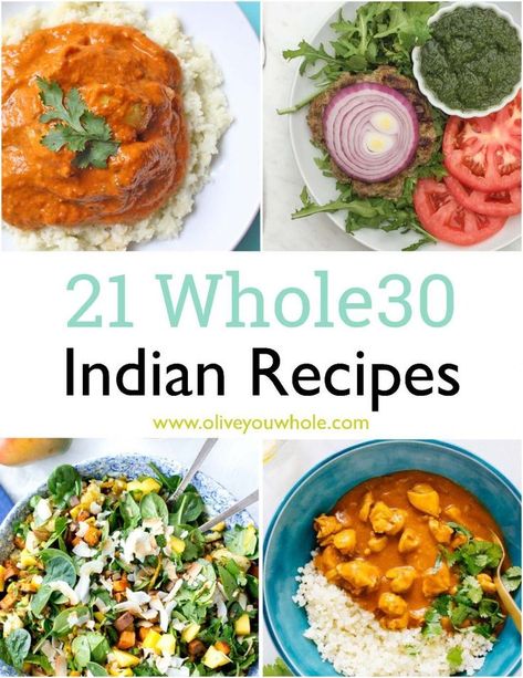 Add some zest and flavor to your Whole30 dinners with these 21 Whole30 Indian Recipes. These clean eating ideas are gluten free, dairy free, and grain free meal ideas, too!  You'll love the spice these Whole30 recipes will bring to your table! || Olive You Whole #whole30 #paleo #indianrecipes Paleo Butter Chicken, Clean Eating Ideas, Saag Chicken, Best Indian Recipes, Indian Butter Chicken, Whole30 Dinners, Autoimmune Paleo, Whole30 Recipes, Salad With Sweet Potato