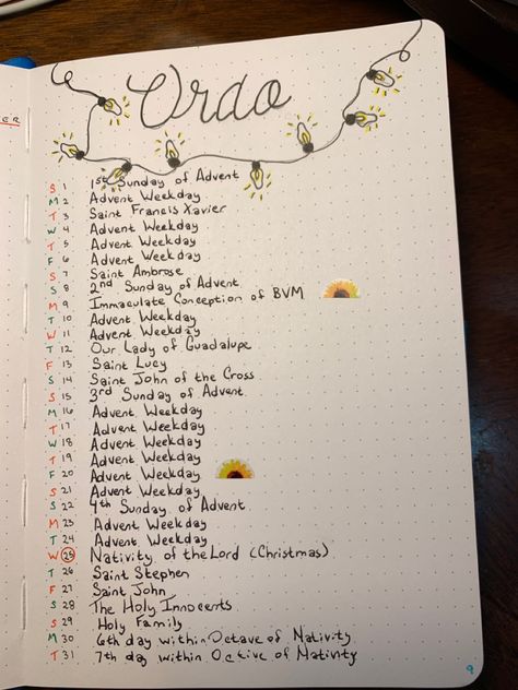 Line a day - Catholic Ordo (liturgical calendar) for December 2019 Liturgical Calendar, Bullet Journal Monthly, Bullet Journal Monthly Spread, Journal Inspo, Bullet Journal Inspo, Christmas Theme, Our Lady, Christmas Themes, Bullet Journal