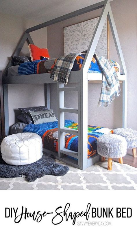 House Bunk Bed For Boys, Custom Bunk Bed, Bunk Bed Designs For Teens, Bunk Beds For Girls Room, Pole Room, Basement Diy, Twin Bed Mattress, Bunk Bed Plan, Bed Tutorial