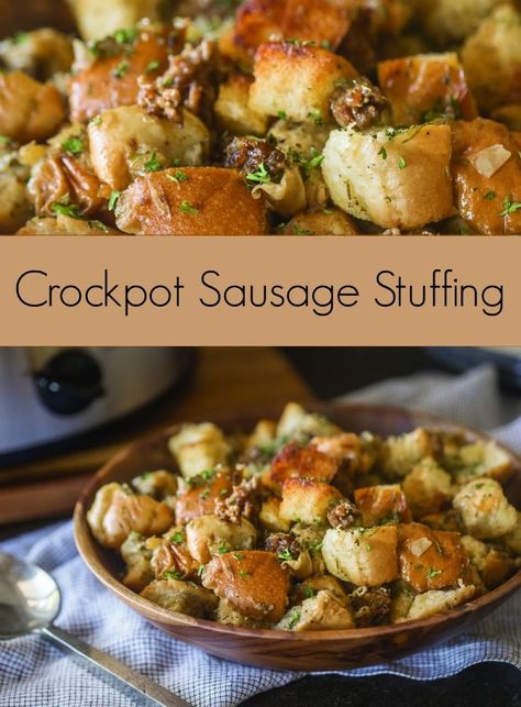 Pull together this easy to make Slow Cooker Sausage Stuffing that you make right in your crockpot - easy peasy! Crockpot Sausage Stuffing, Slow Cooker Sausage Stuffing, Fall Potluck, Thanksgiving Recipes Drinks, Crockpot Sausage, Slow Cooker Sausage, Slow Cooker Chili Recipe, Thanksgiving Potluck, Recipe Thanksgiving