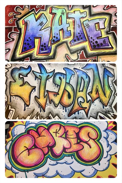 3 colorful Graffiti name design examples in different graffiti lettering font styles Letters Art Design, Graffiti Art Lesson Middle School, Name In Graffiti Style, Graffiti Art Name, Typography Lessons High School, Graffiti Name Art Lesson, Modern Graffiti Art, Name Drawings Creative Ideas, Graffiti Art Projects Middle School