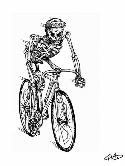 Skeleton On Bike, Fixie Bike Ideas, Cycling Tattoo, Bike Tattoo, Bicycle Tattoo, Rider Art, Bike Tattoos, Biker Tattoos, Bike Drawing