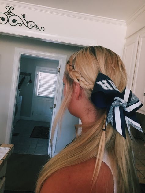 Braid Cheer Hairstyles, Senior Night Hairstyles Cheer, Low Cheer Hairstyles, Cheer Hairstyles With Bows Ponies, Cheerleading Ponytail Hairstyles, Cheer Low Ponytail, Cute Sideline Cheer Hairstyles, Cute Simple Cheer Hairstyles, Braid Into Low Ponytail Cheer