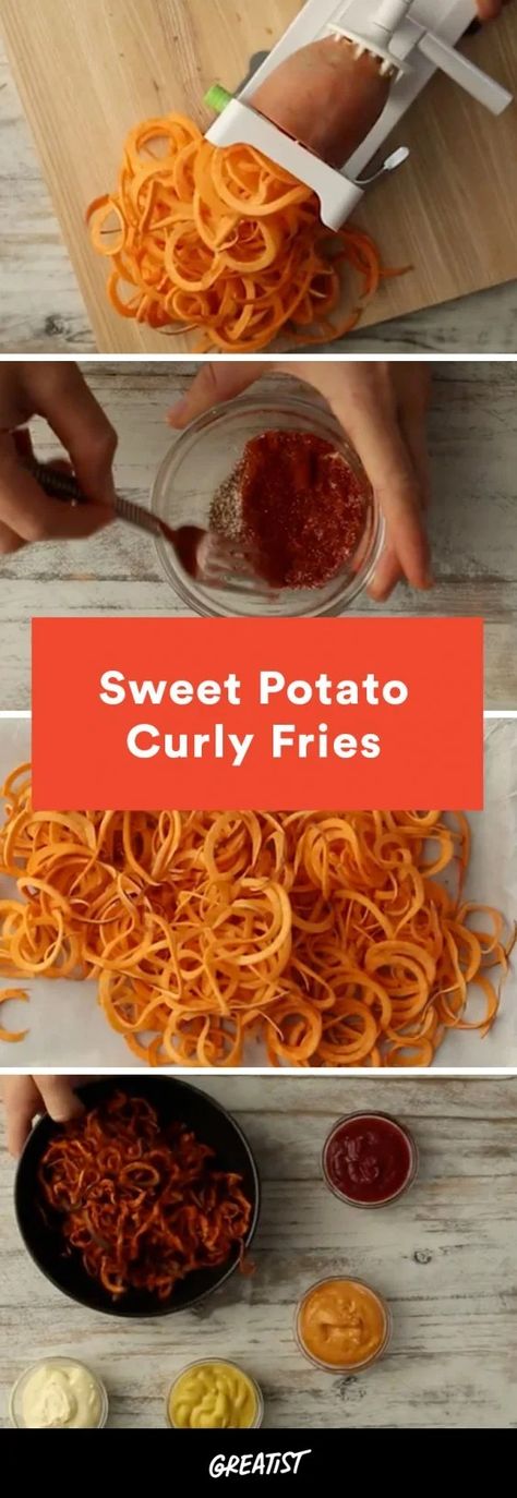 Spiralized Sweet Potato, Zoodle Recipes, Curly Fries, Spiralizer Recipes, Paleo Dinner, Cooking Light, Sweet Potato Recipes, Sweet Potato Fries, Veggie Recipes