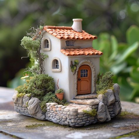 These clay houses are the perfect way to add a touch of magic to your fairy garden or terrarium. Mini House Village, Clay House Ideas, Ceramic Fairy House, Clay Cottage, House Diorama, Cottage Houses, Miniature Zen Garden, Tiny Garden Ideas, Clay House