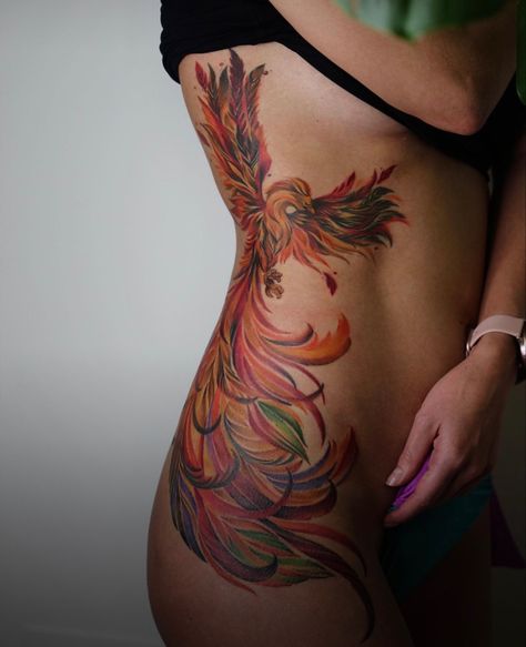 Phoenix Tattoo Feminine Side Thigh, Phoenix Tattoo Side Ribs, Phoniex Back Tattoo Women, Side Phoenix Tattoos Women, Phenix Tattoo For Women Ribs, Pheonix Tattoo For Women Side Hip, Phoenix Tattoo Ribs For Women, Phoenix Tattoo Feminine Side, Phoenix Tattoo Ribs