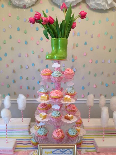 Baby Shower Party Ideas | Photo 8 of 13 | Catch My Party Spring Baby Shower Centerpieces, April Showers Baby Shower Theme, Raindrop Baby Shower, Rain Baby Showers, Umbrella Baby Shower, Cricut Baby Shower, April Baby Shower, April Baby, Baby Shower Party Planning