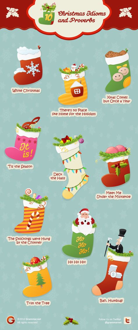 The Christmas Idioms and Phrases Infographic presents 10 commonly used holiday idioms and phrases. Christmas Idioms, Christmas Infographic, Teaching Weather, Idioms And Proverbs, Teaching English Abroad, Idiomatic Expressions, Favorite Christmas Songs, Teaching English Online, Idioms And Phrases