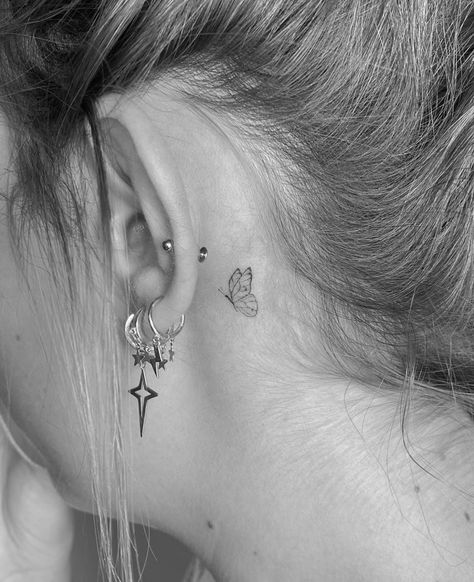 Inner Ear Tattoo, Tiny Butterfly Tattoo, Behind Ear Tattoos, Small Matching Tattoos, Ear Tattoo Ideas, Fineline Tattoo, Small Butterfly Tattoo, Taurus Tattoos, Wrist Tattoos For Women