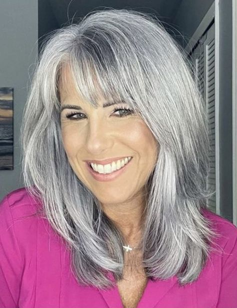 Layered Hair For Thick Wavy Hair, Grey Hair With Bangs, Gray Hairstyles, Beautiful Gray Hair, Bride Gown, Grey Wig, Natural Gray Hair, Layered Bob Hairstyles, Long Gray Hair