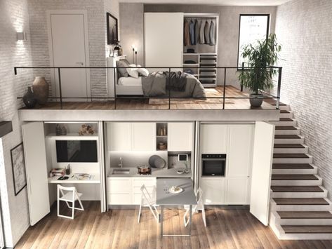 Aménager une mezzanine : 5 exemples astucieux Design Case Mici, Small Loft Apartments, Design Casa Piccola, Micro Living, Modular Furniture System, Mezzanine Bedroom, Loft House Design, Loft Interior Design, Tiny House Loft