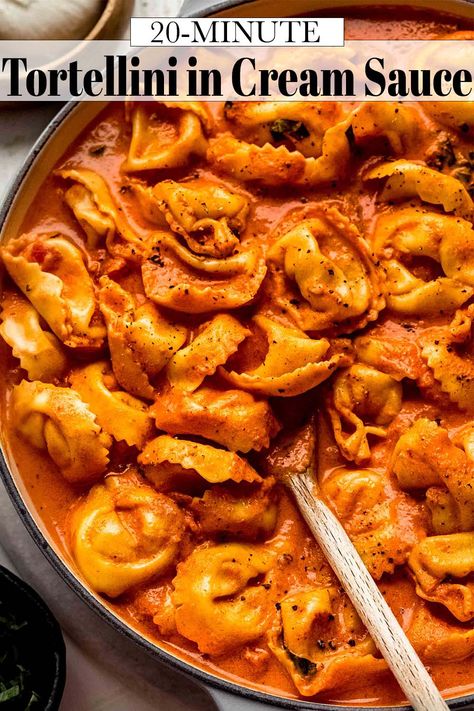 Tortellini With Tomato Cream Sauce, Vodka Sauce Tortellini Recipes, Red Sauce Tortellini, Tortellini Marinara Recipes, 5 Cheese Tortellini Sauce, Cheese Tortellini With Marinara Sauce, Tortellini Pasta Aesthetic, Marinara Cream Sauce, Tortellini Sauce Easy