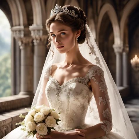 Bride in white lace dress, veil, bun, tiara, roses, altar. Bride Hair With Veil And Tiara, Veil And Crown Bridal Tiara, Bride Hair Updo With Veil And Tiara, Wedding Veil Tiara, High Bun With Tiara, Tiara Wedding Veil, Tiara Veil Wedding, Wedding Crowns With Veils, Tiara Bride Hairstyles