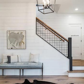 Wrought Iron Staircase with Oak Treads - Transitional - Entrance/foyer Shiplap Staircase Wall, Shiplap Staircase, Staircase Wall Design, Light Stained Wood, Oak Handrail, Wrought Iron Handrail, Wrought Iron Staircase, White Molding, Staircase Handrail