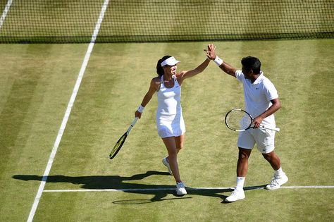 Leander Paes and Martina Hingis celebrate during their quarter-final mixed doubles match. Florian Eisele/AELTC Wimbledon 2015 Doubles Tennis, Martina Hingis, Glam Slam, Sporty And Rich, Wimbledon, Soccer Field, Tennis, Tumblr, Celebrities