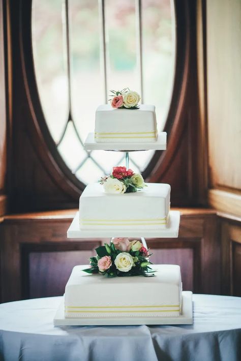 Square Wedding Cake with Separated Tiers Square Wedding Cake, Square Wedding Cakes, Inspirational Photos, Yellow Ribbon, Tiered Wedding Cake, Ribbon Trim, Traditional Wedding, Wedding Cake, Rustic Wedding