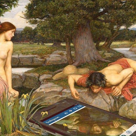 Cathy Sargent on Instagram: “Narcissus and Echo” Classical Art Memes, Byron Katie, John William Waterhouse, George Carlin, Art Parody, Foto Art, Greek Myths, Modern Times, Art Memes