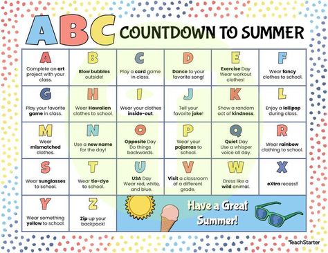 Last Week Of School Theme Days, Abc Countdown To Summer, Last Day Of School Party, Count Down To Summer, Abc Countdown, Last Days Of School, Countdown To Summer, Letter School, School Spirit Week