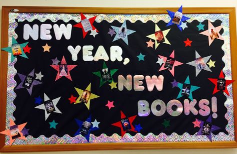 New Year, New Books- Tallmadge New Years Library Bulletin Boards, New Year Book Display, New Years Library Display, New Year Library Bulletin Board, New Year Library Display, January Library Displays, Middle School Library Displays, Books Bulletin Board, Library Magic