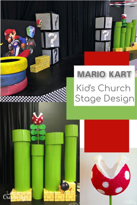 Mario Set Design, Game Vbs Decorations, Super Mario Stage Design, Game On Decoration Ideas, Video Games Decorations, Video Game Themed Party Games, Level Up Decorations, Video Game Stage Design, Video Game Theme Vbs