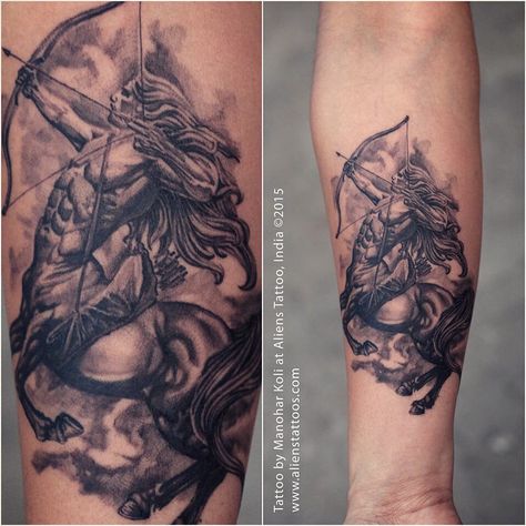 #sagittarius #tattoo by Manohar Koli at Aliens Tattoo, India.  www.alienstattoos.com Sagittarius Tattoo For Men, Aliens Tattoo, Sagittarius Tattoo Designs, Lion Forearm Tattoos, Black Men Tattoos, Persian Tattoo, Zeus Tattoo, Sagittarius Tattoo, Half Sleeve Tattoos Drawings