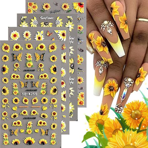 PRICES MAY VARY. 【Quantity】You will get 4 sheets 5D embossed flower nail art adhesive sticker, easily style your DIY summer manicure. 【Easy to Use】5D sunflower nail stickers are self-adhesive design, just pick up your favorite pattern with tweezers, cover it on your nails, press lightly to get a nail salon effect. Likewise, if you want to remove them, just peel them off. 【Quality】5D floral nail decals are made of high-quality material, not limited to any nail styles, you can use it safely. 【Wide Floral Manicure, Nail Stickers Designs, Nails Making, Sunflower Nail Art, Nails Stickers, Yellow Nails Design, Sunflower Nails, Fall Nail Trends, Summer Manicure