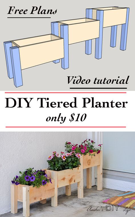 DIY Tiered planter box plans with video tutorial. Make it for only $10! Diy Tiered Planter, Planter Box Plans, Tiered Planter, نباتات منزلية, Planter Box, Garden Bed, Decor Tips, Planter Boxes, Diy Wood Projects