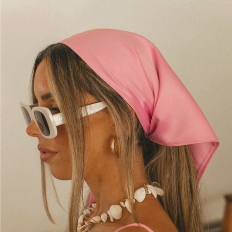 Brand New Headscarf - Sunset Pink Scarf Pink Pink Bandana Outfit, Neck Scarf Outfit, Hangout Festival, Bandana Outfit, Sivan Ayla, Beach Editorial, Coastal Vintage, Sunset Pink, Scarf Outfit