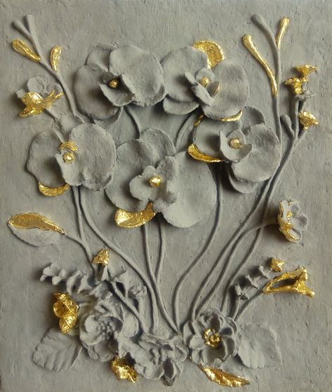 Wall Sculptures Plaster, Plaster Relief Art, Gold Leaf Decor, Sculptural Wall Art, Plaster Relief, Orchid Art, Orchid Wall Art, Pastel Colors Art, Plaster Texture