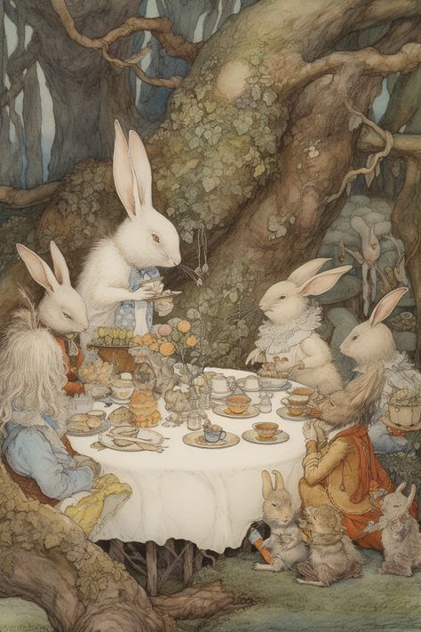 Animal Tea Party Drawing, Forest Tea Party Illustration, Old Fairytale Illustration, Animals In Garden, Vintage Rabbit Illustration, Rabbit Art Illustration, Animal Tea Party, Rabbit Tea Party, Fairy Rabbit