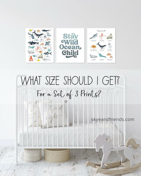 This is the #1 question we get asked.. What size prints should I get for the nursery? We recently added bundled print sets to our shop so I’m sharing examples of how different sizes look as a set of three, and which sizes are the most popular. ❗️The 24x36” size prints with the crib in the last example is crowded but will work if you have a larger size crib or high ceilings. This size set also looks great above a longer toy shelf in a playroom or a dresser. Read on for more sizing tips!... Toy Shelf, Toy Shelves, High Ceilings, Kids Decor, Nursery Prints, High Ceiling, Cribs, Dresser, Nursery