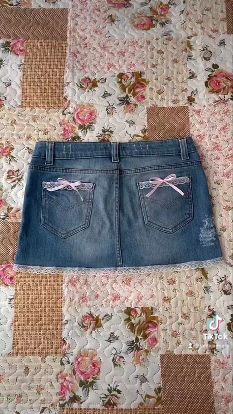 Coquette Jean Skirt, Lace Jean Skirt, Kawaii Thrift Finds, Jean Skirt With Lace, Pink Jean Skirt Outfit, Sewing Coquette Clothes, Coquette Shorts Outfit, Coquette Thrift Finds, Pink Cottagecore Outfits