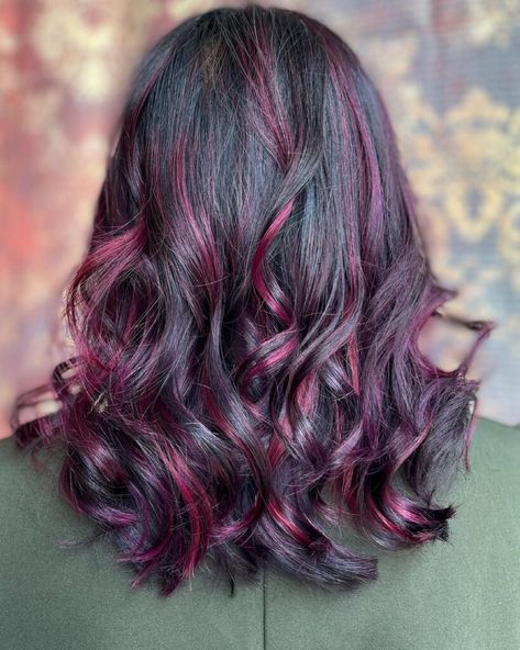 Dark Red Violet Hair With Highlights, Burgundy Purple Balayage, Cranberry Highlights Hair Dark Brown, Red Violet Highlights On Dark Hair, Magenta Highlights On Dark Hair, Deep Purple Highlights, Black Hair With Purple Highlights, Black Hair With Purple, Hair With Purple Highlights