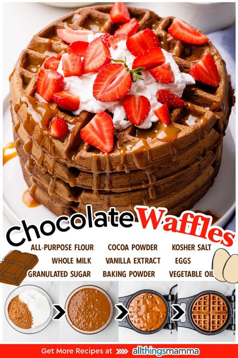 stack of Chocolate Waffles topped with whipped cream, fresh sliced strawberries, and caramel sauce. steps and ingredients to make Chocolate Waffles. Chocolate Waffles Recipe, Chocolate Waffle Recipe, Waffle Mix Recipes, Chocolate Waffles, Homemade Waffles, The Best Breakfast, Waffle Mix, Easy Homemade Recipes, Mouthwatering Recipes