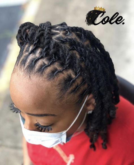 Simple Women Loc Styles, Short Loc Twist Styles, Barrel Twist Locs Women Short, Office Loc Styles, Loc Styles On Short Hair For Women, Dreads Black Women Styles, Back To School Dreadlock Hairstyles, Dreads Styles For Women Black Short, Crown Loc Styles For Women