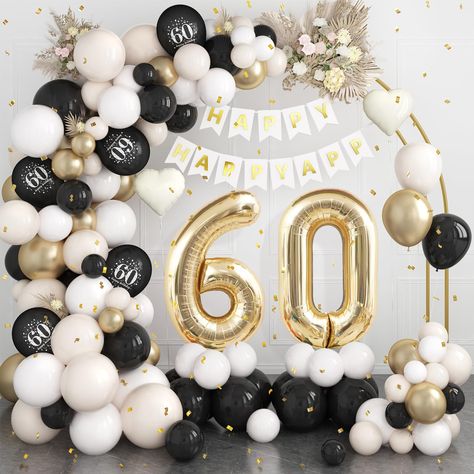 PRICES MAY VARY. ✨60th BIRTHDAY DECORATIONS✨:60th black gold birthday party decorations for women man include 40inch "60"foil balloons,1pc“happy birthday”banner,28pcs sand white balloons(5+10+12"),25pcs black balloons(5+10"),16pcs metallic champagne gold balloons(5+10"),10pcs white balloons(5+10"),5pcs 12inch“60”printed black balloons,2pcs heart-shaped foil balloons,2pcs long balloon,glue,balloon strip,ribbon. ✨EASY TO ASSEMBLE✨：Putting together this 60th birthday balloons is a breeze.To make th 60 Birthday Decorations Women, 60th Party Decorations, 60th Birthday Celebration Ideas, Birthday Decorations Black, 60th Birthday Party Themes, 60th Birthday Party Ideas, 60th Birthday Theme, 60th Birthday Ideas For Dad, 60th Birthday Ideas