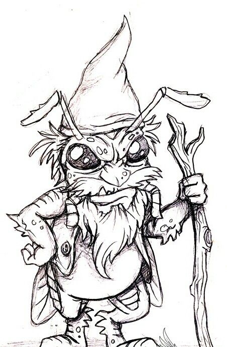 Creepy gnome. Creepy Gnome, Evil Gnome, Scary Drawings, Coloring Bookmarks, Creature Drawings, Half Sleeve Tattoo, St Pattys Day, Tattoo Stencils, Character Creation