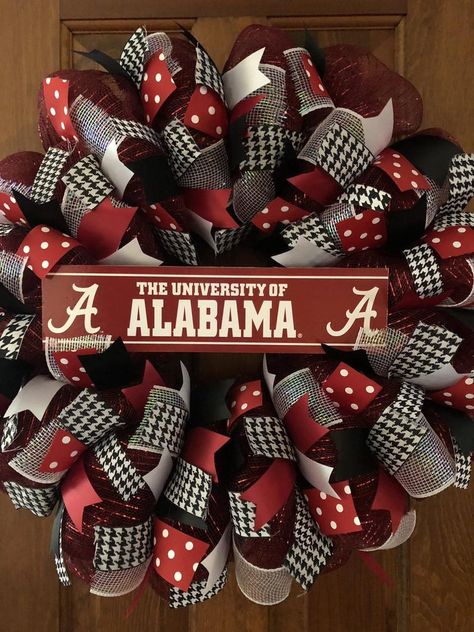 Football Wreath Diy, Ideas For A Small Business, Burlap Wreaths Diy, Alabama Football Wreath, Alabama Wreath, Wrought Iron Porch Railings, College Wreaths, Alabama Wreaths, Win Lose Or Draw